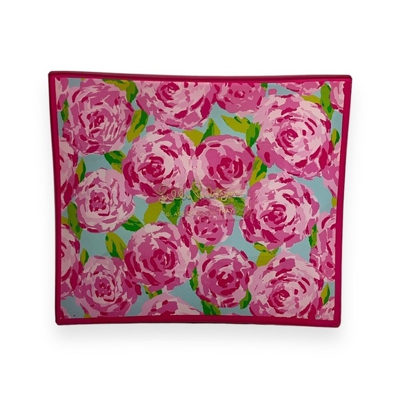 Lilly Pulitzer First Impression Pink Roses Printed Glass Catchall Tray Pink Blue - Picture 1 of 5